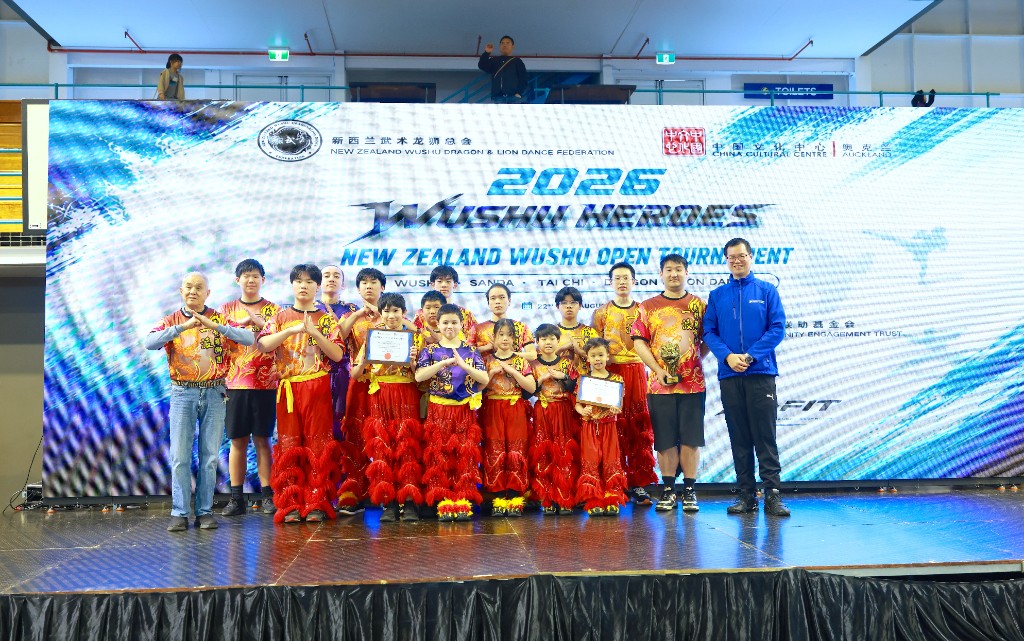 Dragon and lion dance team with certificates and trophy