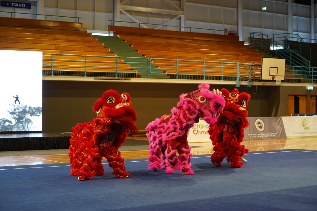 Lions Dance performance in a sports hall.